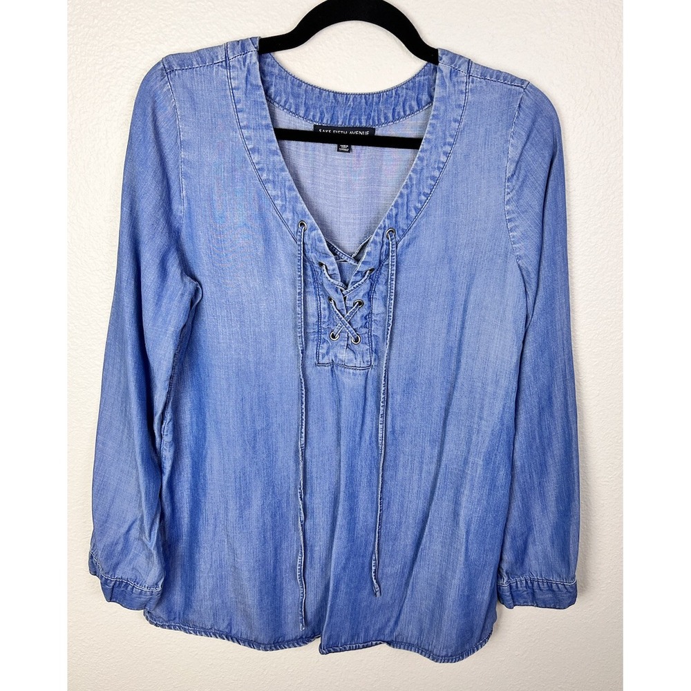 Saks Fifth Avenue Chambray Blouse Size S Blue Long Sleeve Lace Up Front Shirt